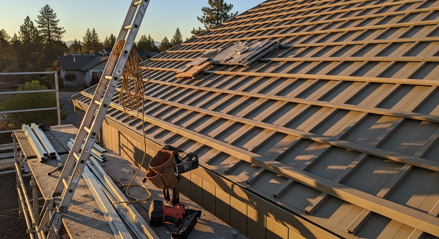 Professional roofer installing metal roofing on residential home