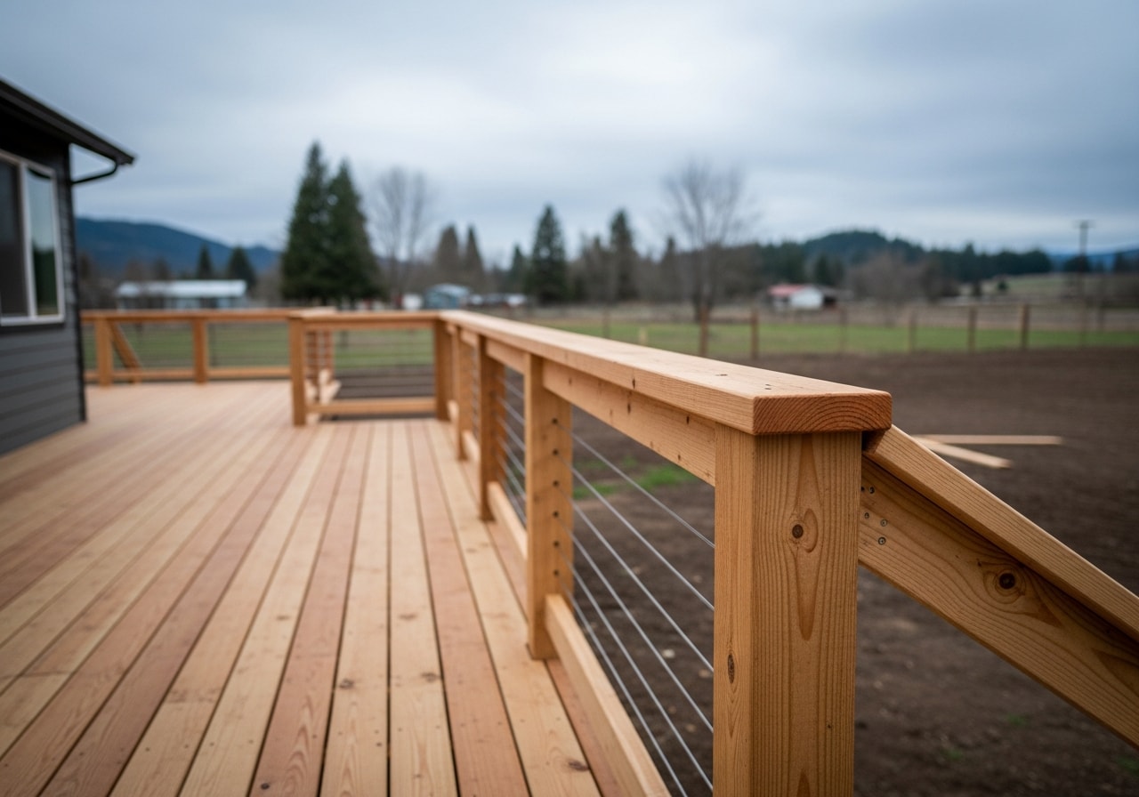 Restored pressure-treated deck with new railings in Terrebone