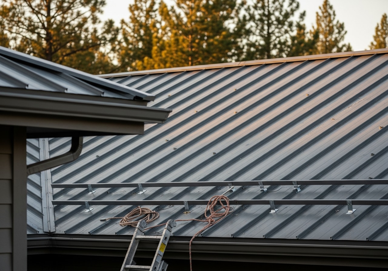Standing-seam metal roof installation on residential home in Bend, Oregon
