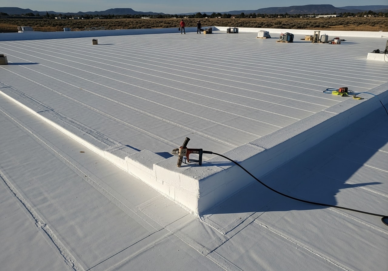 TPO membrane roof installation on commercial warehouse in Prineville