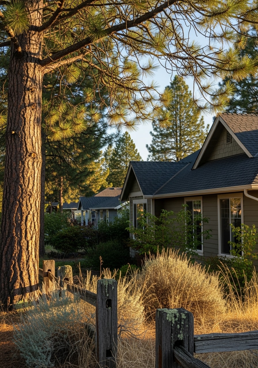 Residential neighborhood in Bend with mature trees and varied home styles.