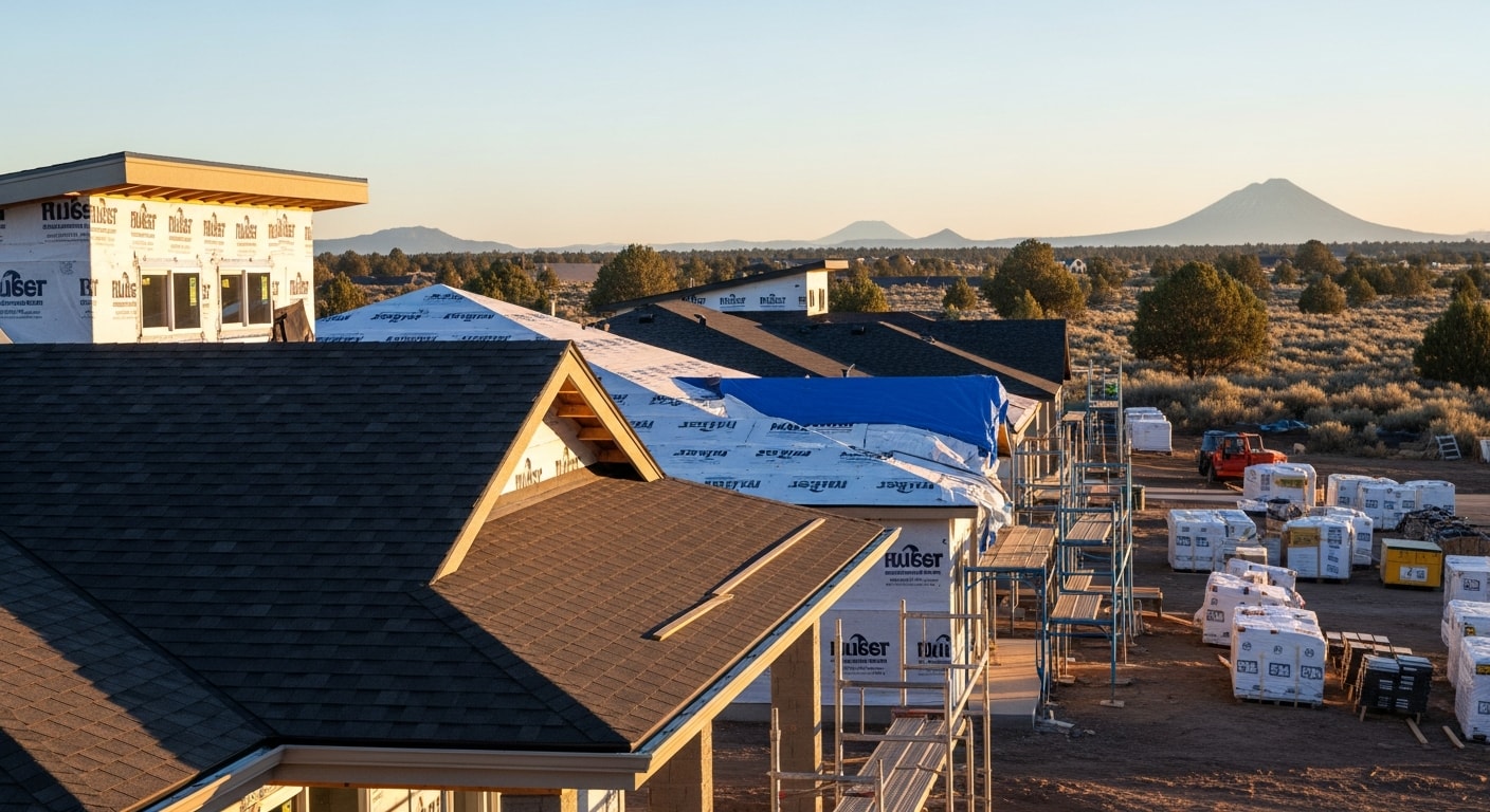 New residential homes in Pronghorn with modern architecture and landscaping against central Oregon high desert backdrop.