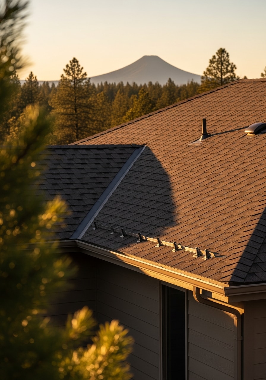 Sunriver home exterior with golf course views and mountain backdrop.