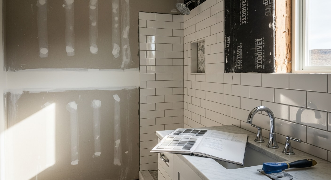 A fully remodeled bathroom interior inside a Pronghorn, Oregon resort home, showing new floor tile, a wall-mounted vanity, and updated fixtures. The space reflects the clean, high-quality finishes typical of Central Oregon luxury residential construction.