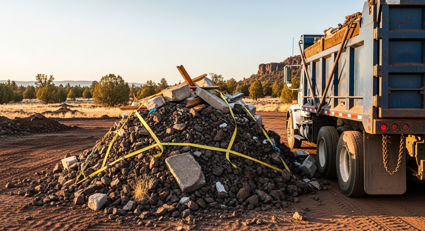 A cleared construction site in Pronghorn, Oregon with debris and rubble removed, exposing clean gravel ground against a high desert backdrop. A hauling truck from Lift & Relay Construction LLC is visible at the edge of the lot.