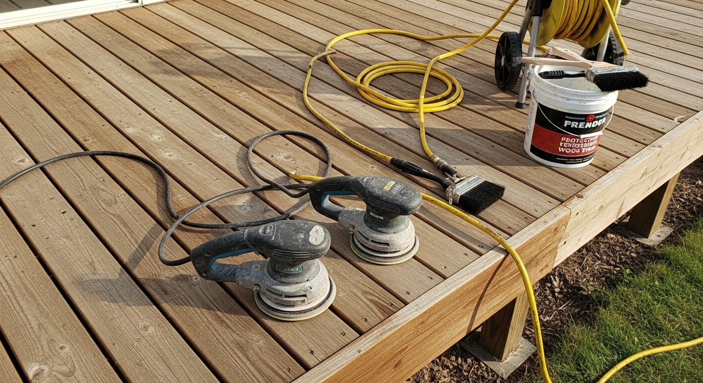 A restored wood deck on a Pronghorn home showing clean, evenly stained boards, secure railings, and no visible warping or surface damage. The deck is ready for outdoor use with a smooth, protected finish.