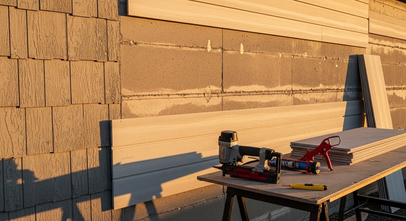 Close-up view of a repaired exterior siding section on a residential home in Pronghorn, Oregon, showing flush panels and sealed seams along the outer wall. A contractor from Lift & Relay Construction LLC examines the finished repair against the home's weathered exterior in a high-desert setting.