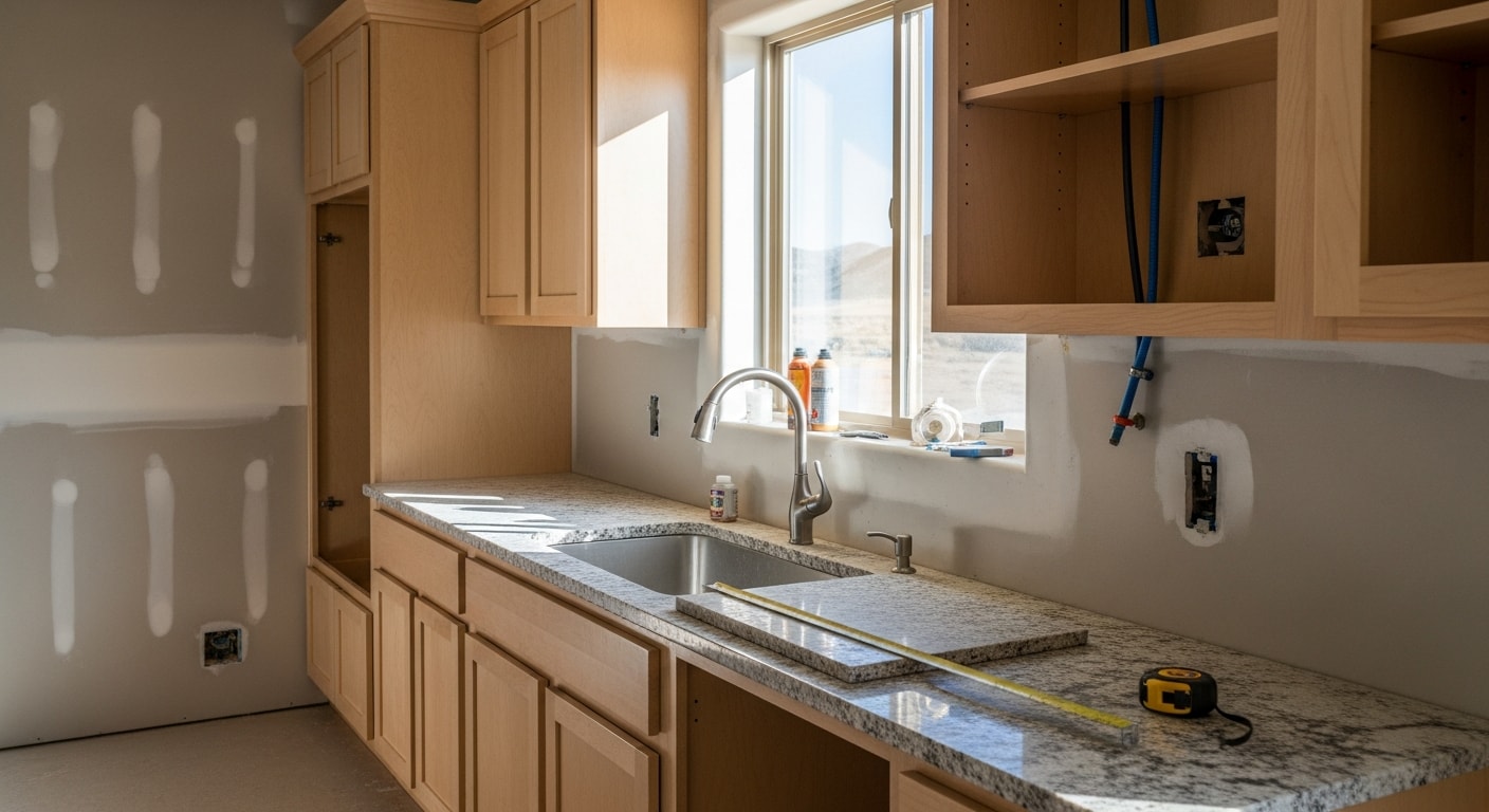 A remodeled kitchen inside a Pronghorn home featuring updated cabinetry, new countertops, and recessed lighting above a central island. The space reflects a clean, functional layout suited to Central Oregon resort-community living.