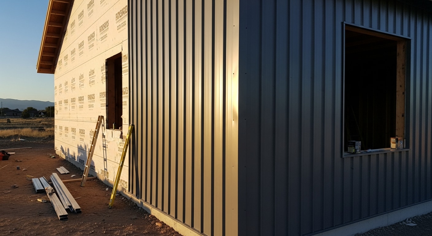 Newly installed metal cladding panels on a single-family home in Pronghorn, Oregon, with clean trim lines at window corners and a high-desert landscape visible in the background. The panel profile runs vertically along the exterior wall, showing tight seams and integrated flashing at the roofline.