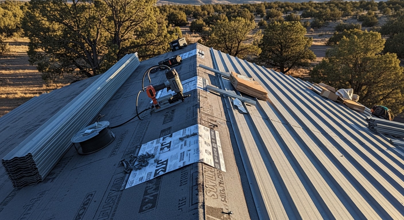 A completed metal roof installation on a single-story residential home in Pronghorn, Oregon, with clean panel lines and flashed edges visible against a clear high desert sky. The standing seam panels run from ridge to eave with no visible gaps or exposed fasteners at the field sections.