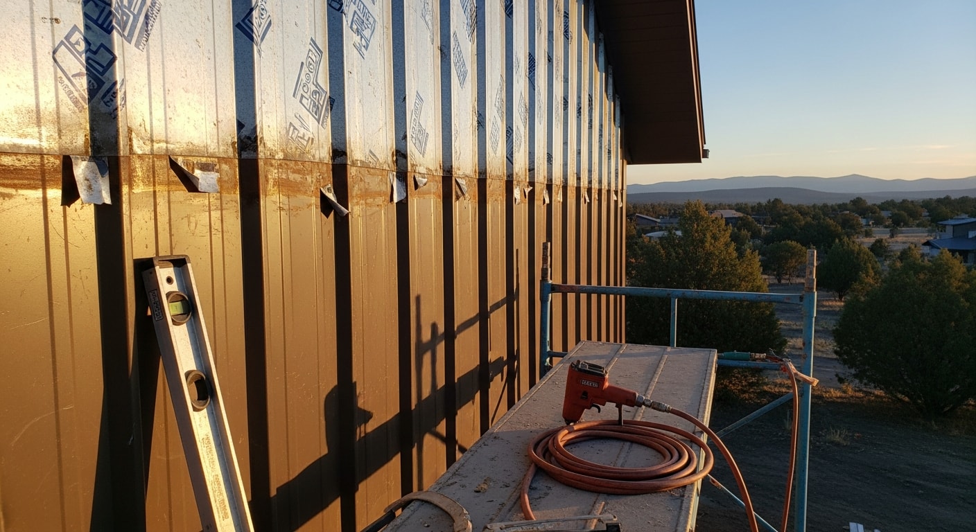 Close-up of a repaired metal siding panel on a residential exterior in Pronghorn, Oregon, showing a flush, rust-free surface with sealed seams and matched panel profile. A siding contractor from Lift & Relay Construction LLC inspects the completed section against the surrounding wall.