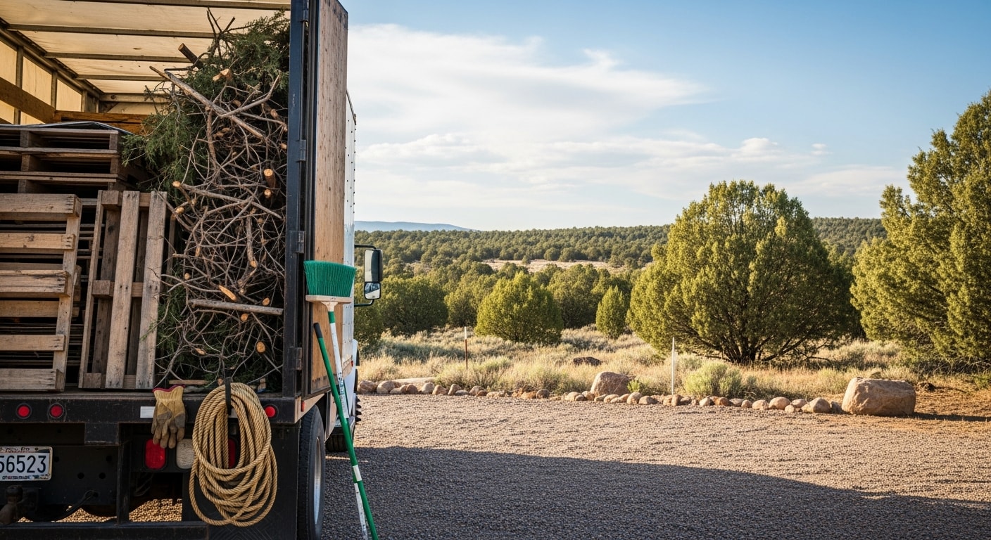 A cleared residential lot at a Pronghorn, Oregon property after junk removal and debris hauling, with juniper trees visible in the background and an empty driveway showing the cleaned outdoor space. Interior items and bulk waste have been fully removed, leaving the property ready for use or listing.