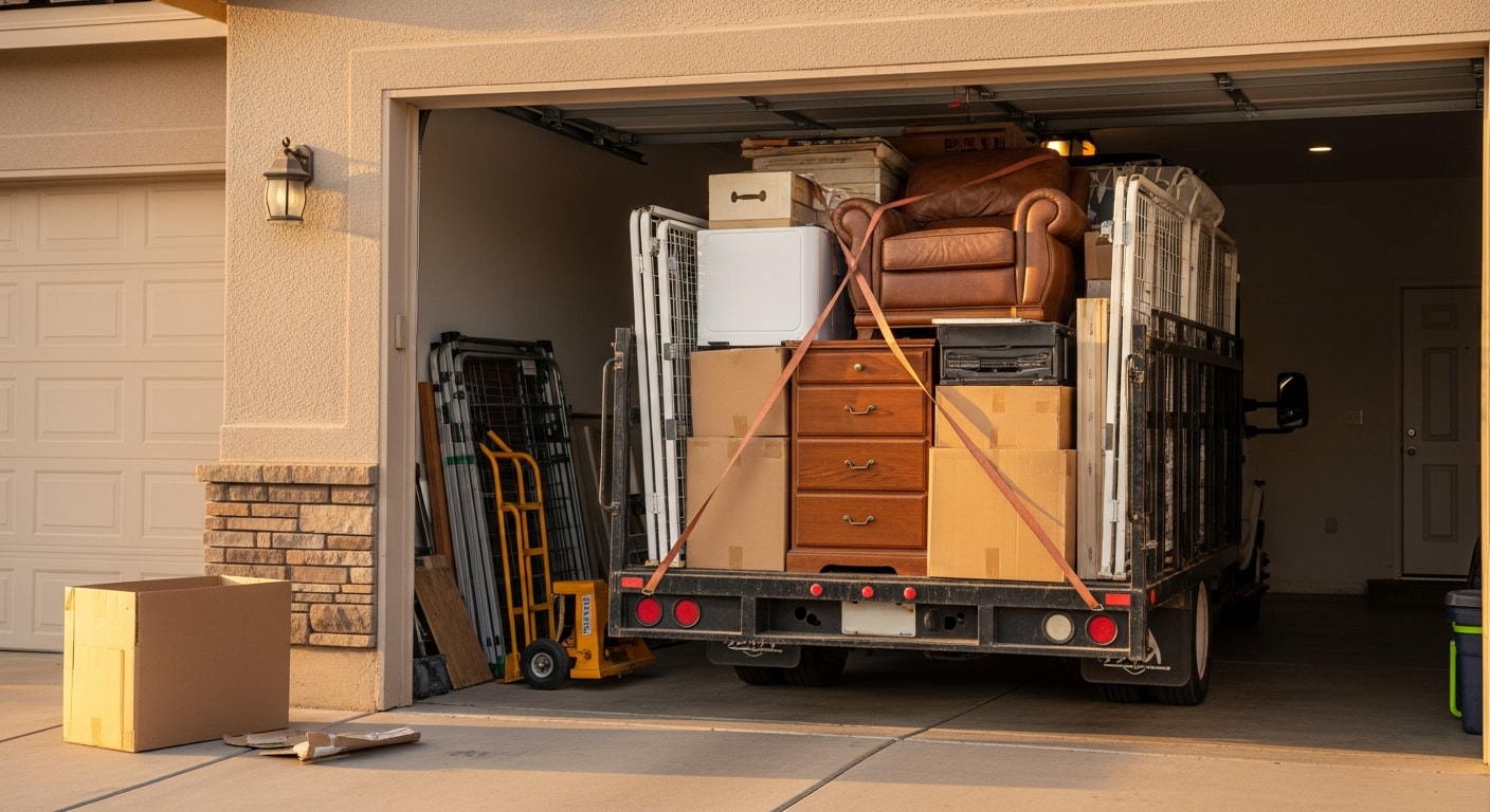 A cleared living area inside a large Pronghorn, Oregon estate home after a full residential cleanout by Lift & Relay Construction LLC. Empty rooms and a clean garage show the result of hauling away furniture, appliances, and accumulated household items.