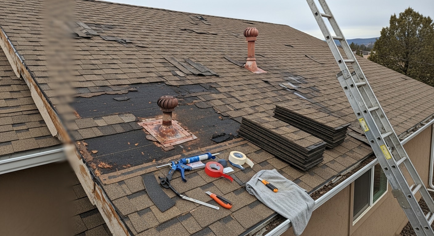 A roofing contractor from Lift & Relay Construction LLC inspecting and repairing shingles on a residential home in Pronghorn, Oregon, with the high desert landscape and juniper forest visible in the background. Close-up view shows repaired flashing and sealed ridge cap on a pitched roof.