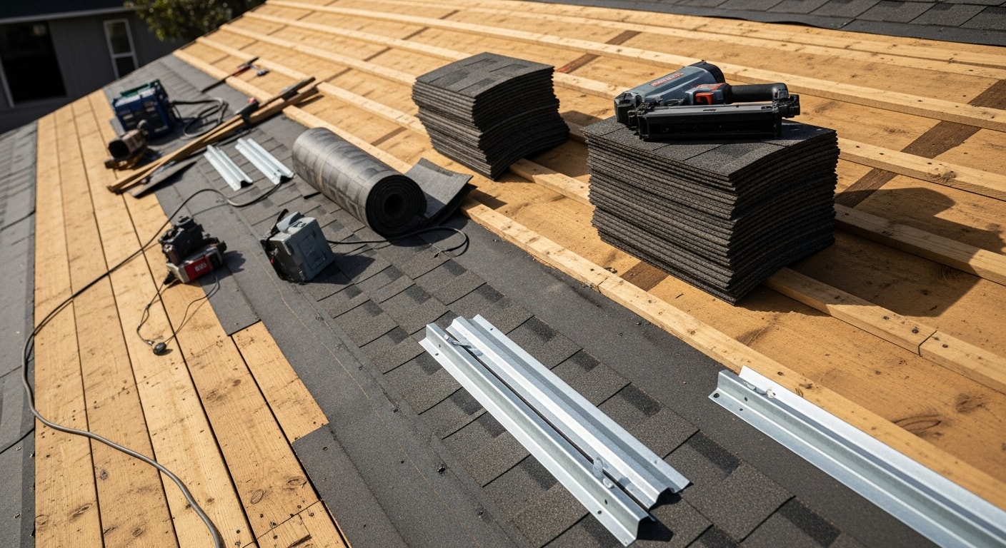 A Pronghorn, Oregon residential home with a completed roof replacement showing clean, uniform roofing material installed across the full surface. A Lift & Relay Construction LLC crew member is visible on the ground near stacked roofing materials beside the home.