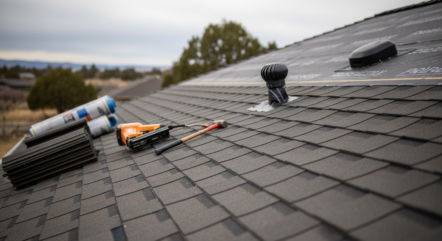 A completed shingle roof installation on a single-family home in Pronghorn, Oregon, with clean ridge lines and uniform shingle courses visible against a clear Central Oregon sky. New flashing is visible at the roof edges and around a roof penetration, with the high desert landscape in the background.