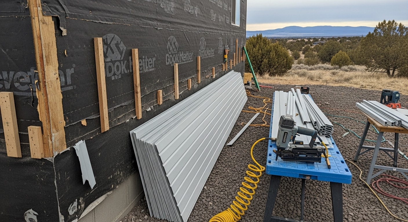 Freshly installed exterior siding on a single-family home in Pronghorn, Oregon, showing clean panel lines, new corner trim, and a weather-resistant wall assembly. The high-desert landscape and clear sky are visible in the background.
