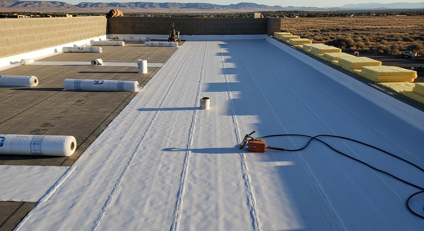 A completed white TPO membrane roof on a flat commercial building in Pronghorn, with heat-welded seams visible across the surface. The reflective membrane covers the full roof deck, including sealed edges and pipe penetrations.