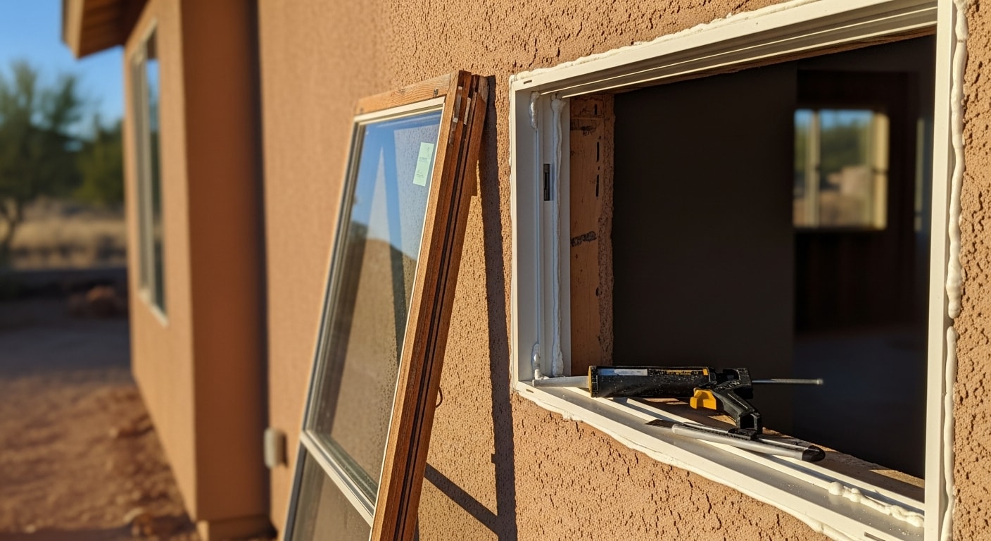 A freshly installed replacement window on the exterior of a single-story stucco home in Pronghorn, Prescott Valley, with clean trim lines and a clear view of the high-desert landscape. The interior shot shows a tight frame seal and unobstructed natural light entering the room.